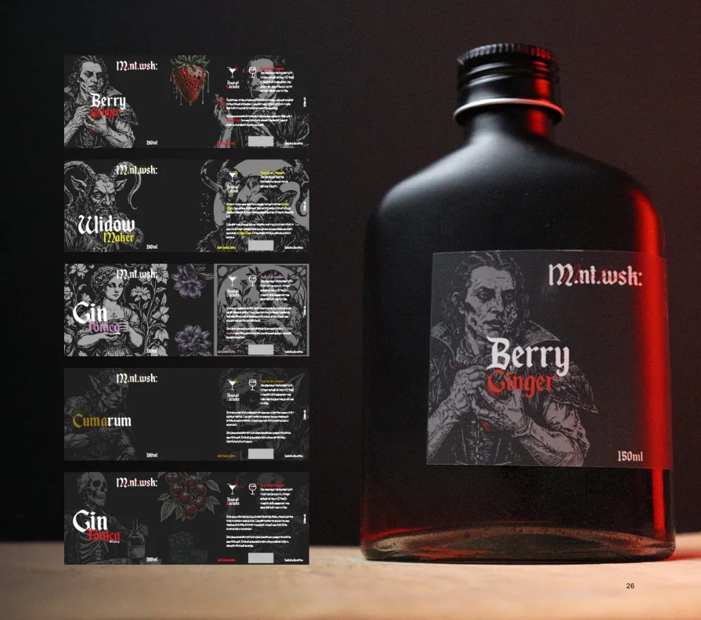 Dark illustrated labels on a small spirits bottle