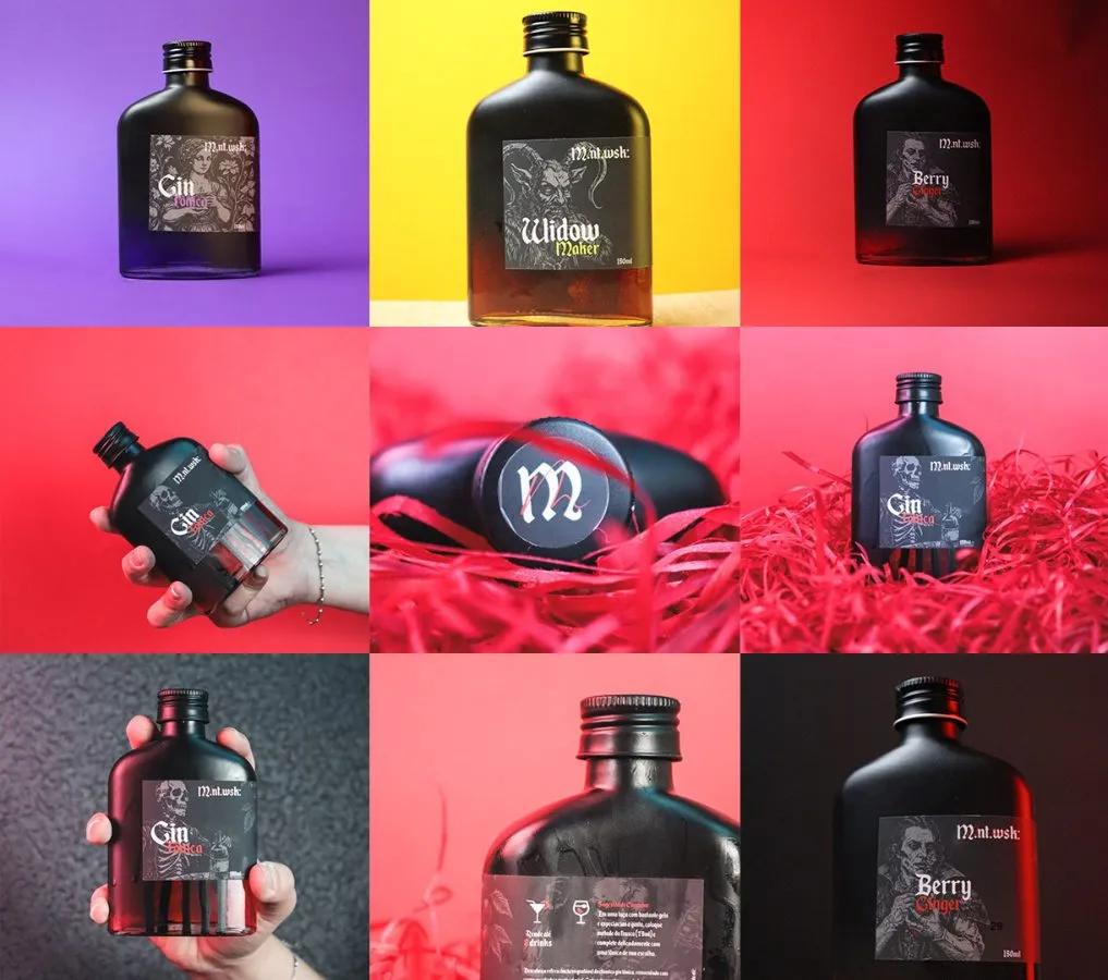 Spirits bottles photographed on purple, yellow and red backgrounds