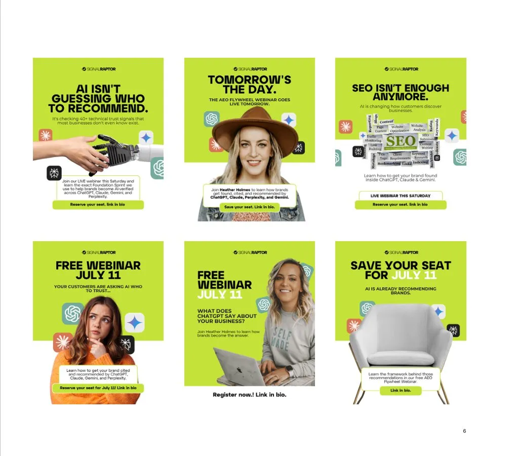 Webinar announcement posts with speaker photos on lime green