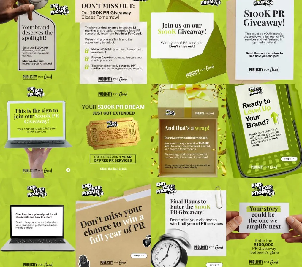 Lime green social posts for a PR giveaway campaign