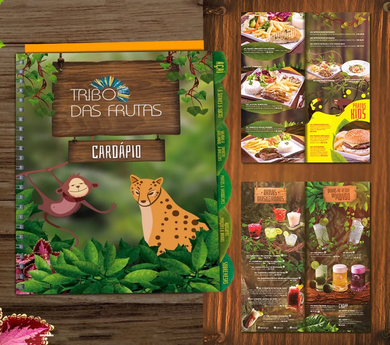 Tribo das Frutas menu with jungle illustrations and mascots